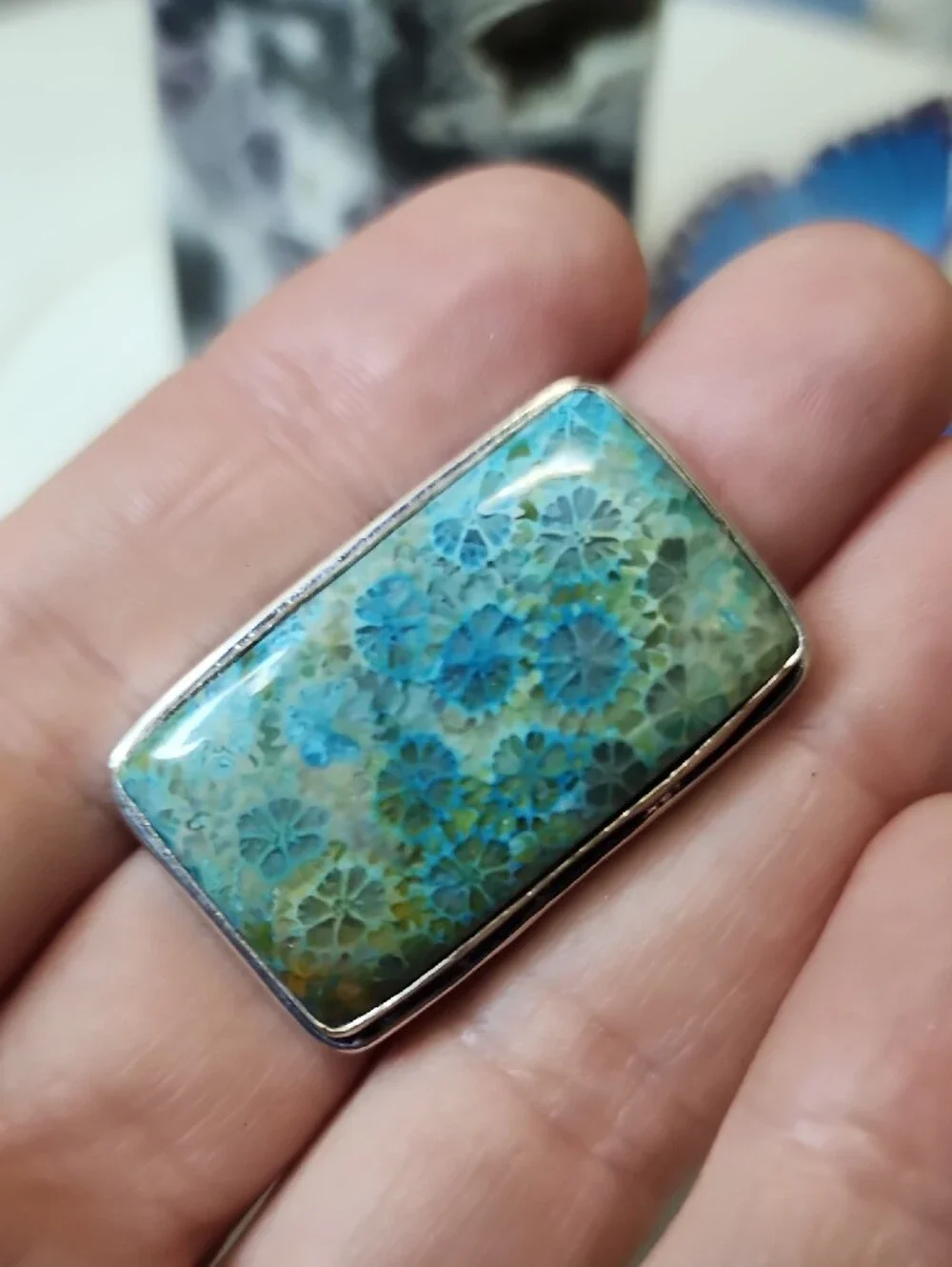 Blue-Green Fossil Coral Rectangular Womens Ring